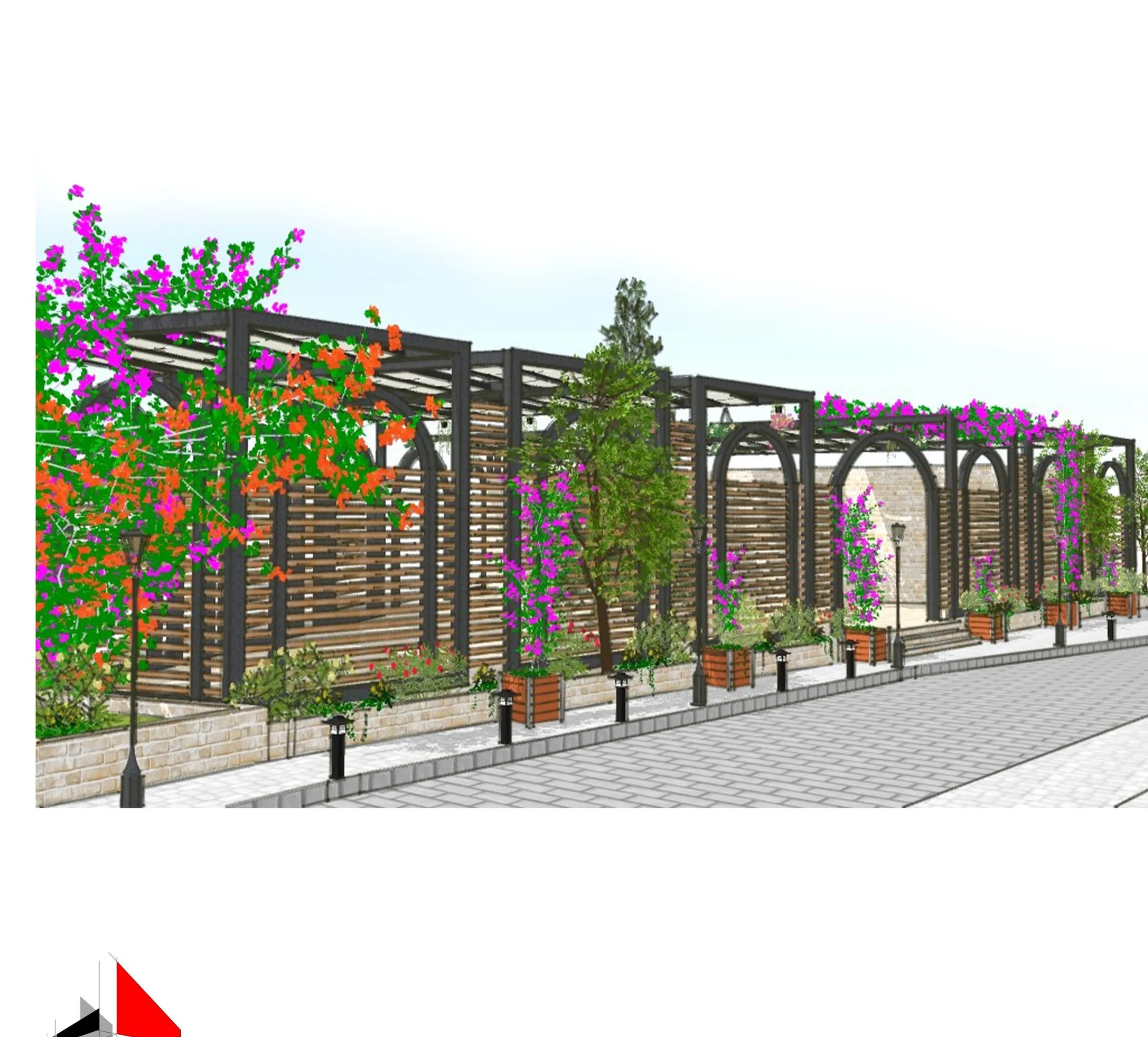 Deir El-Qamar heritage restoration, pergola walk with bougainvillea