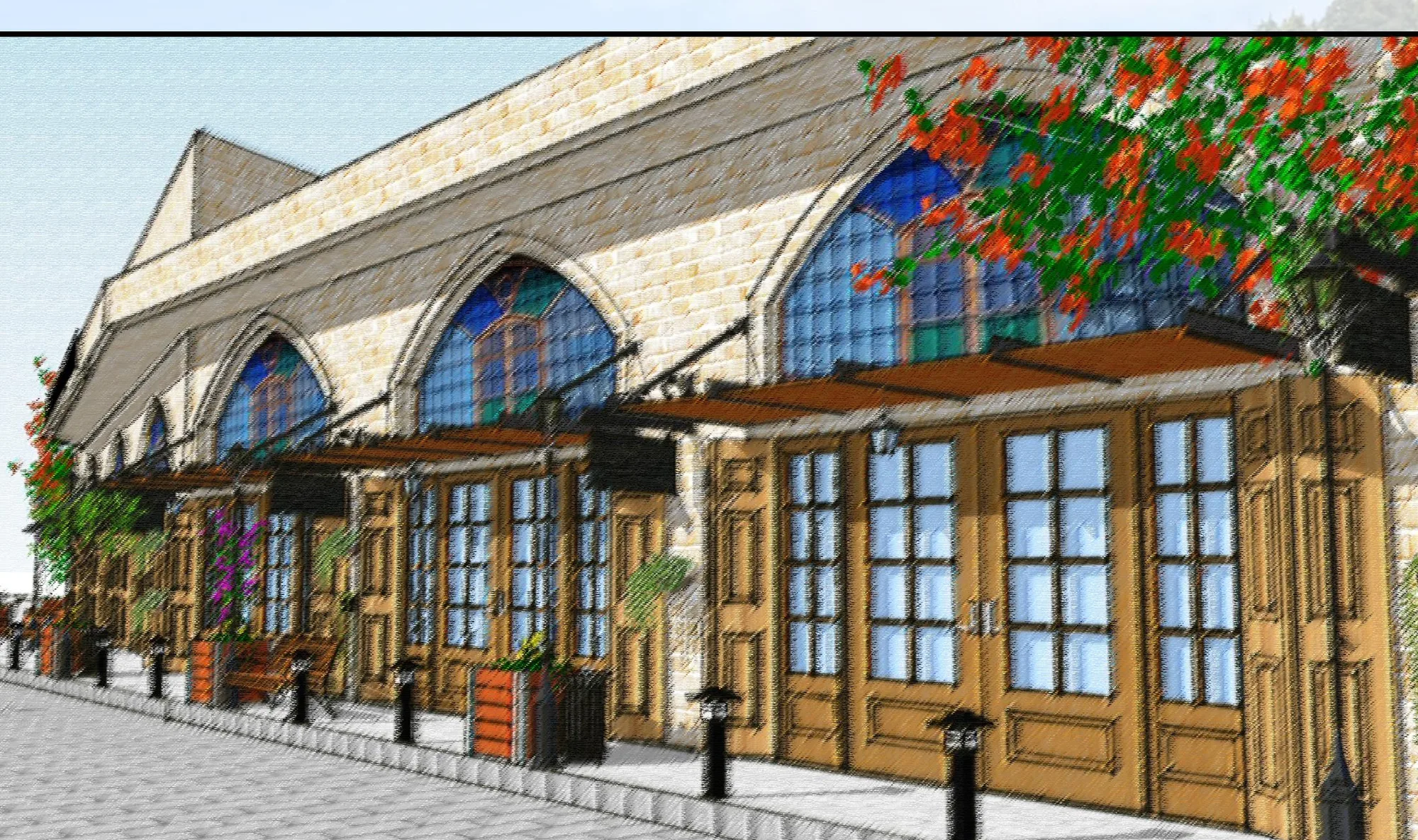 Deir El-Qamar historic souk restoration proposal, arched stone facade with stained glass