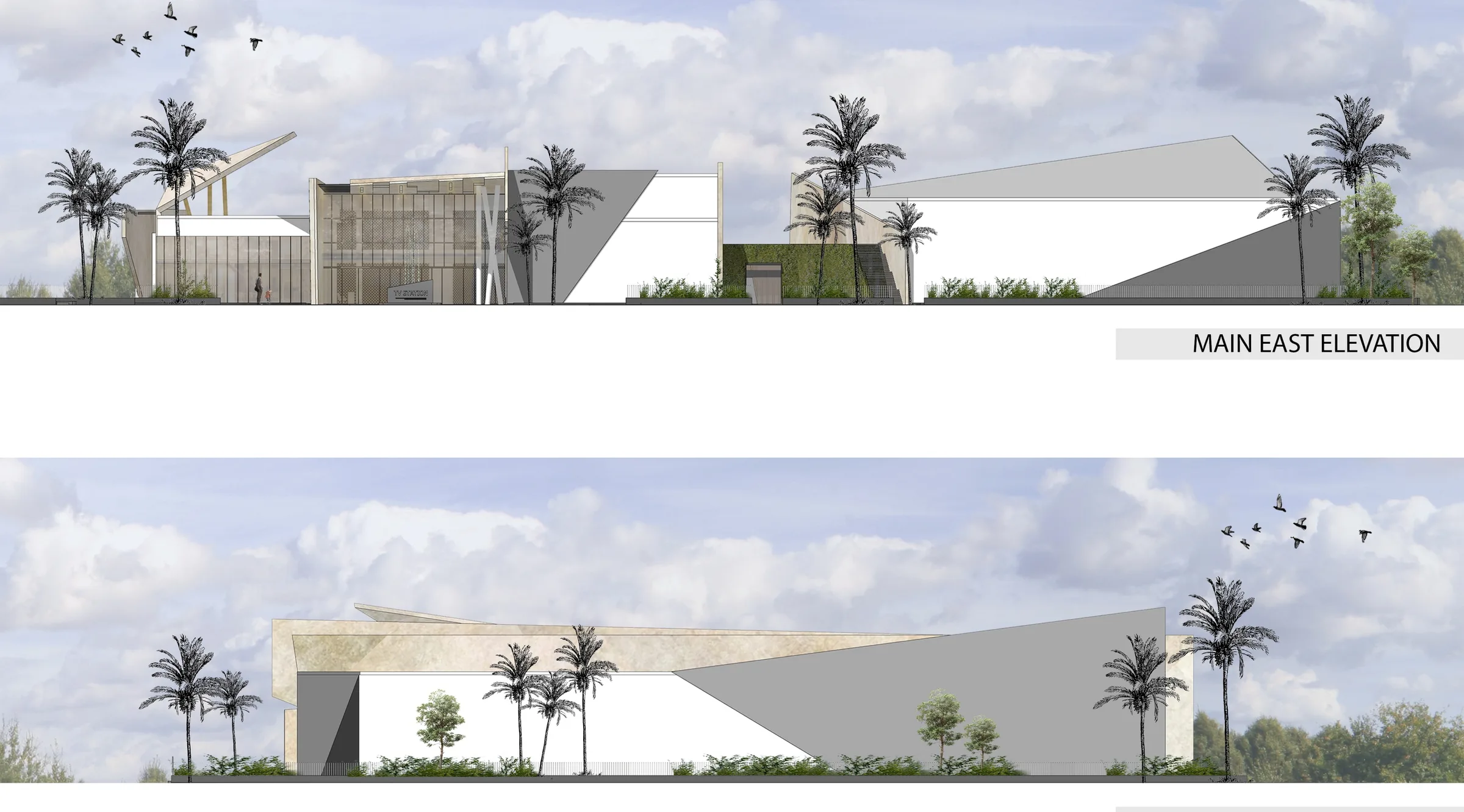 ARCH-R designed media studio facility, stone and glass elevation with palm trees