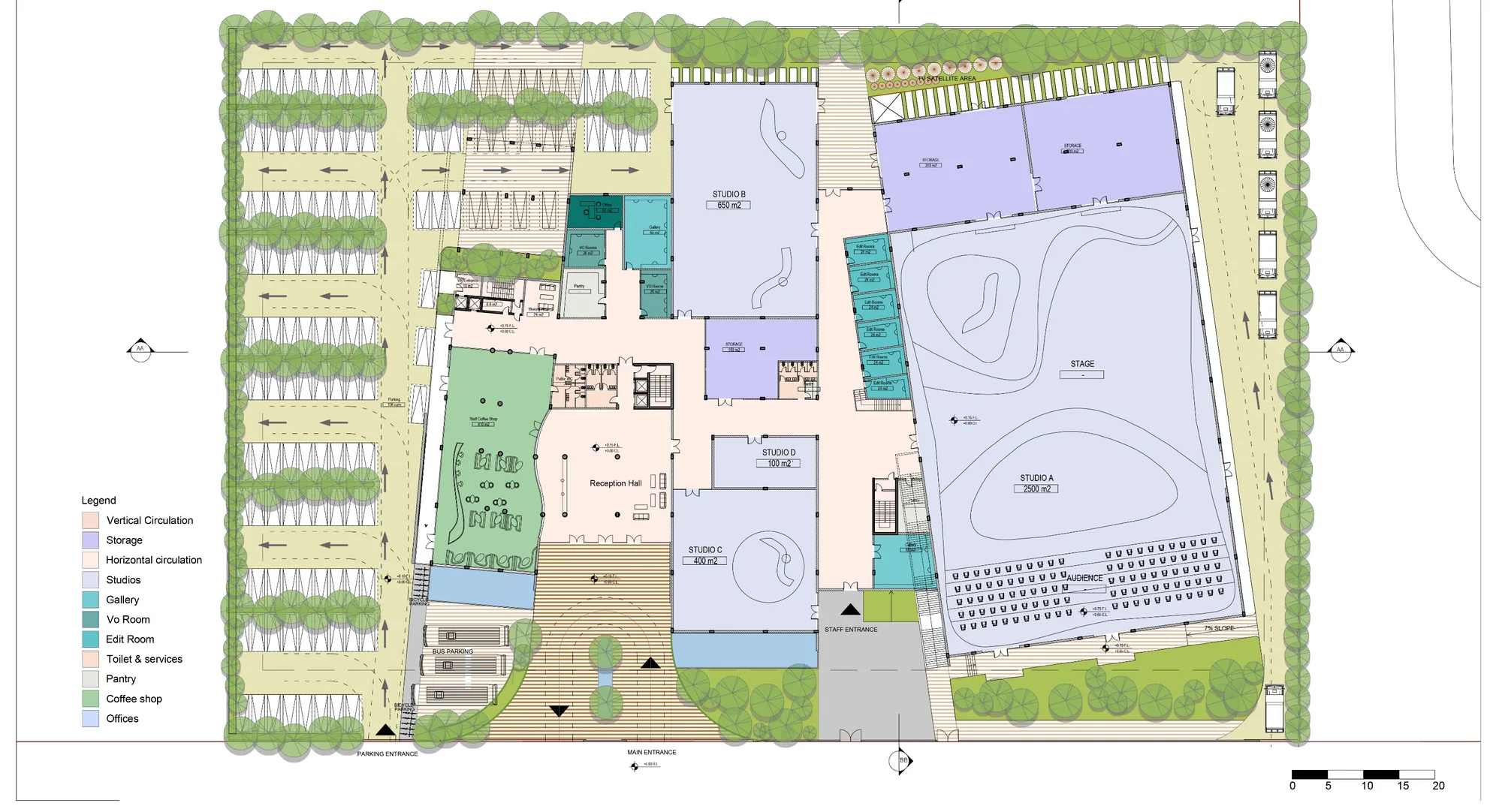 Ground floor plan, FADAAT Media Studio, showing Studio A, B, C, D and audience stage