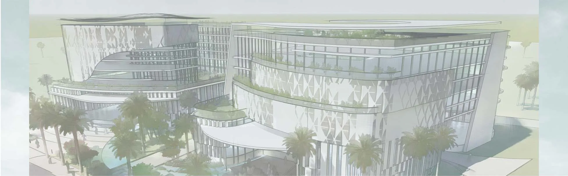 Islamic Insurance Headquarters twin office towers, aerial render, Qatar
