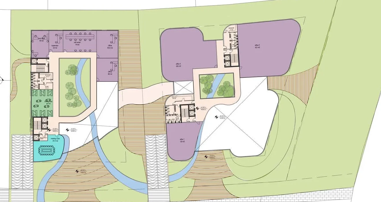 ARCH-R designed office tower landscaped site plan with water feature